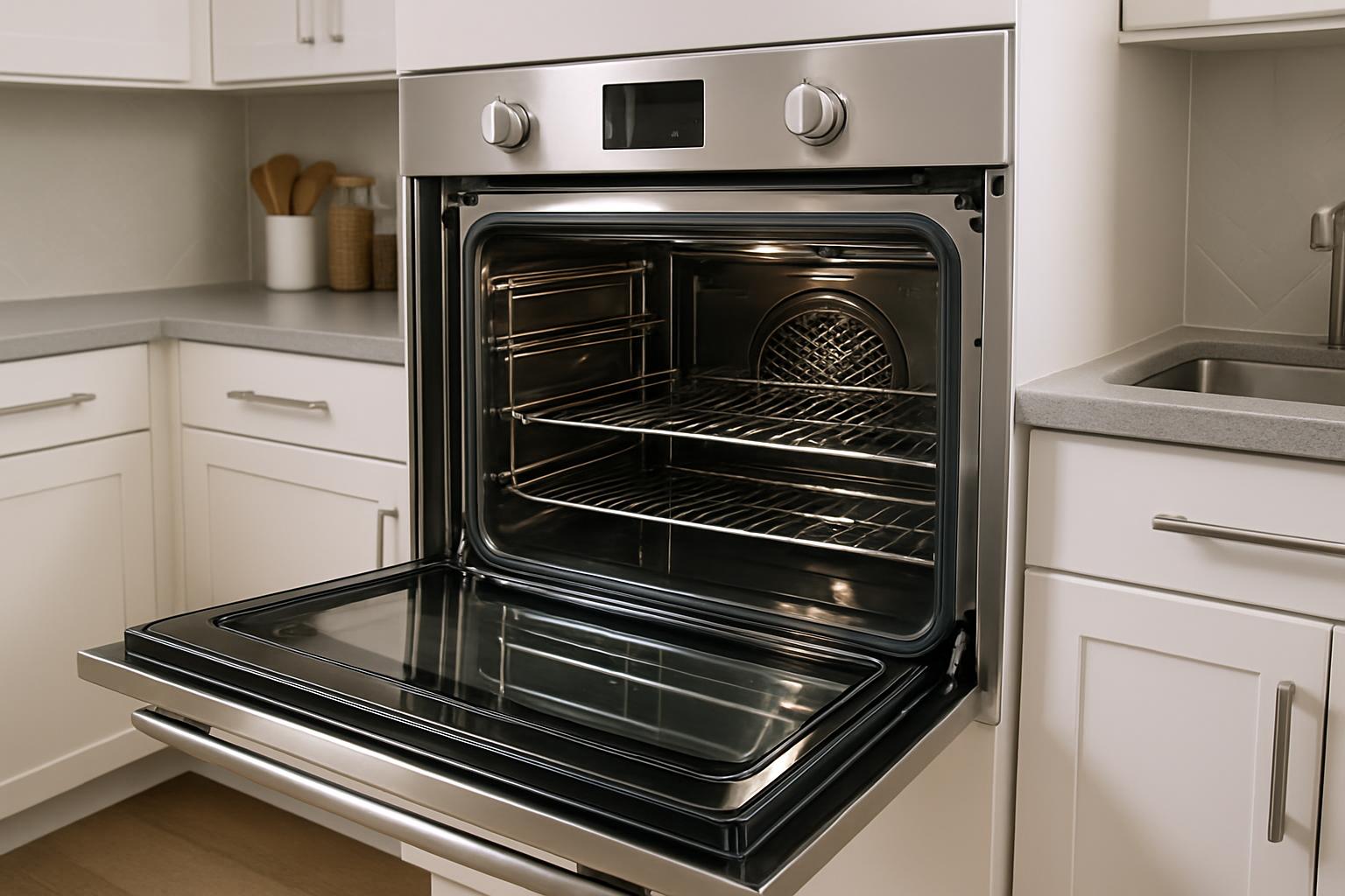 A modern, stainless steel oven with a domed window located at the back and cake racks in the baking tray chamber in a neat...